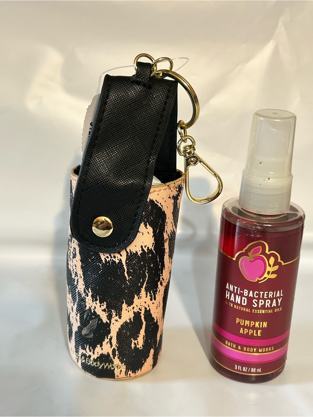 Bath & Body Works Leopard Print Hand Spray Holder Keychain - Black & Pink